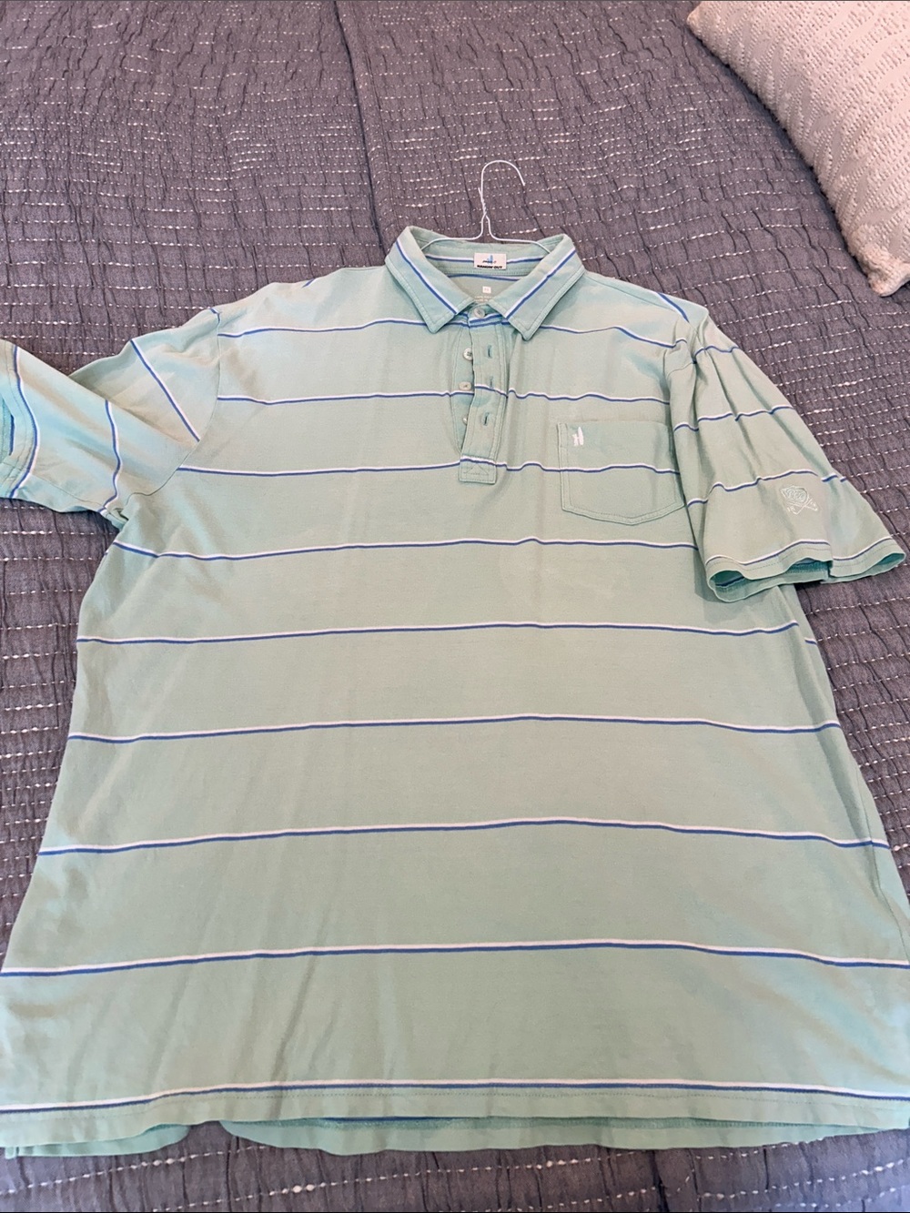 Men's Mint Green Striped Polo Shirt with Plainfield Country Club logo on sleeve